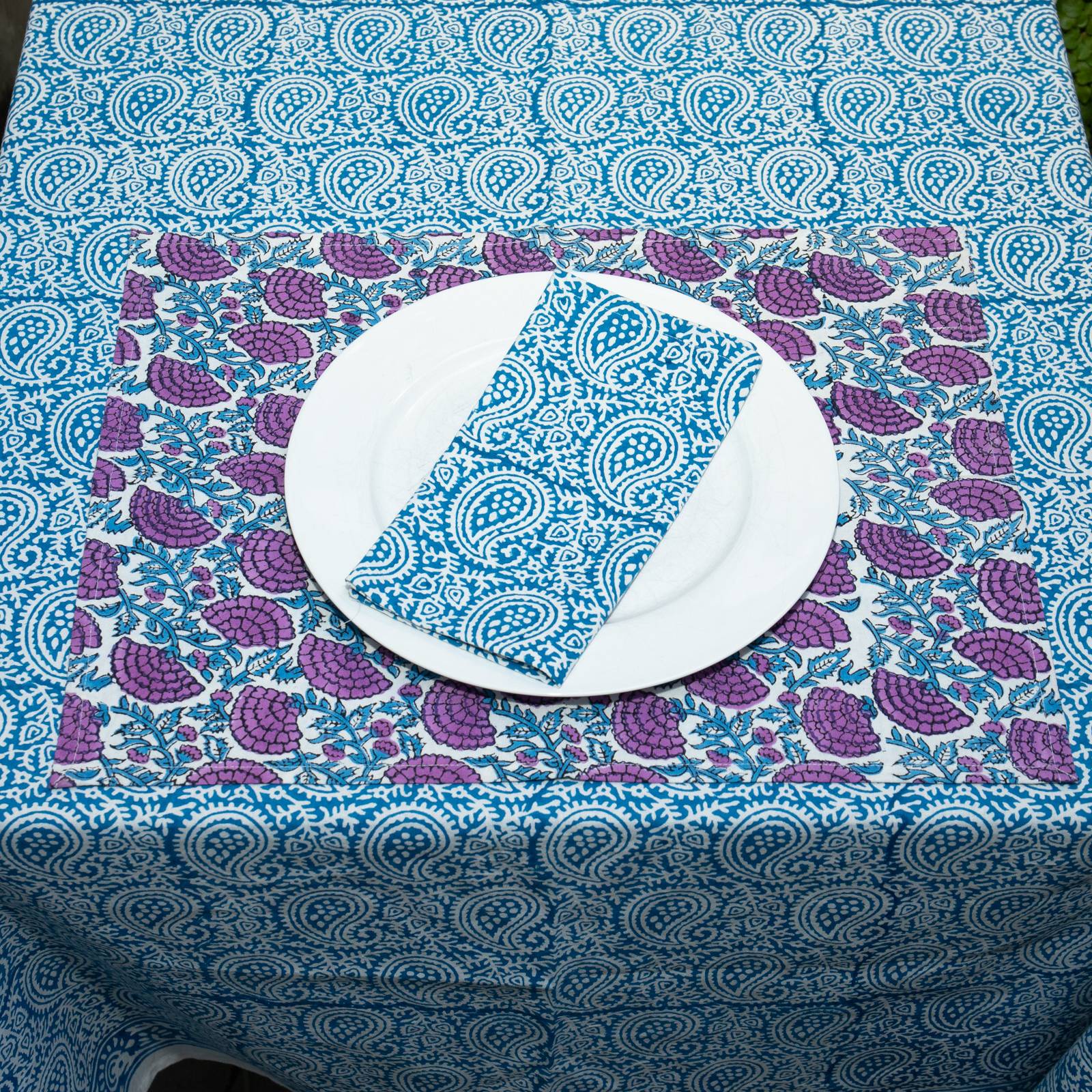 A table ! Set de 2 serviettes de table Paisley - 100% Coton Bio Ethnique TB211 BLUE CRUISE