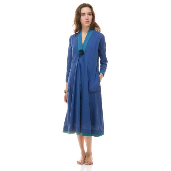 Robes Robe Col V Surpiquée 100% Coton Ethnique VR9125 BLEU