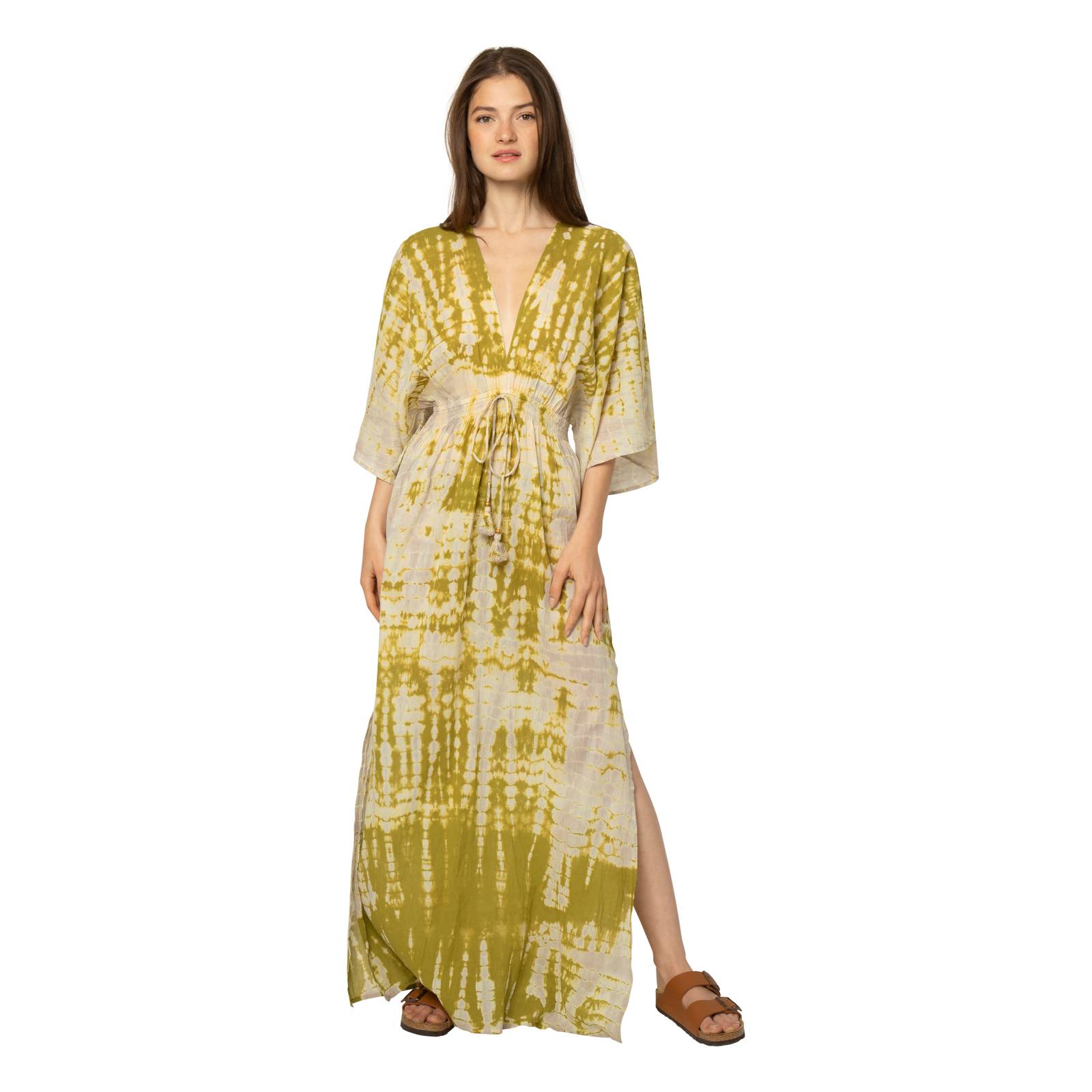 Robes Robe bohème Lomano Tie & Dye - 100% Coton Ethnique VR3400 KAKI BEIGE