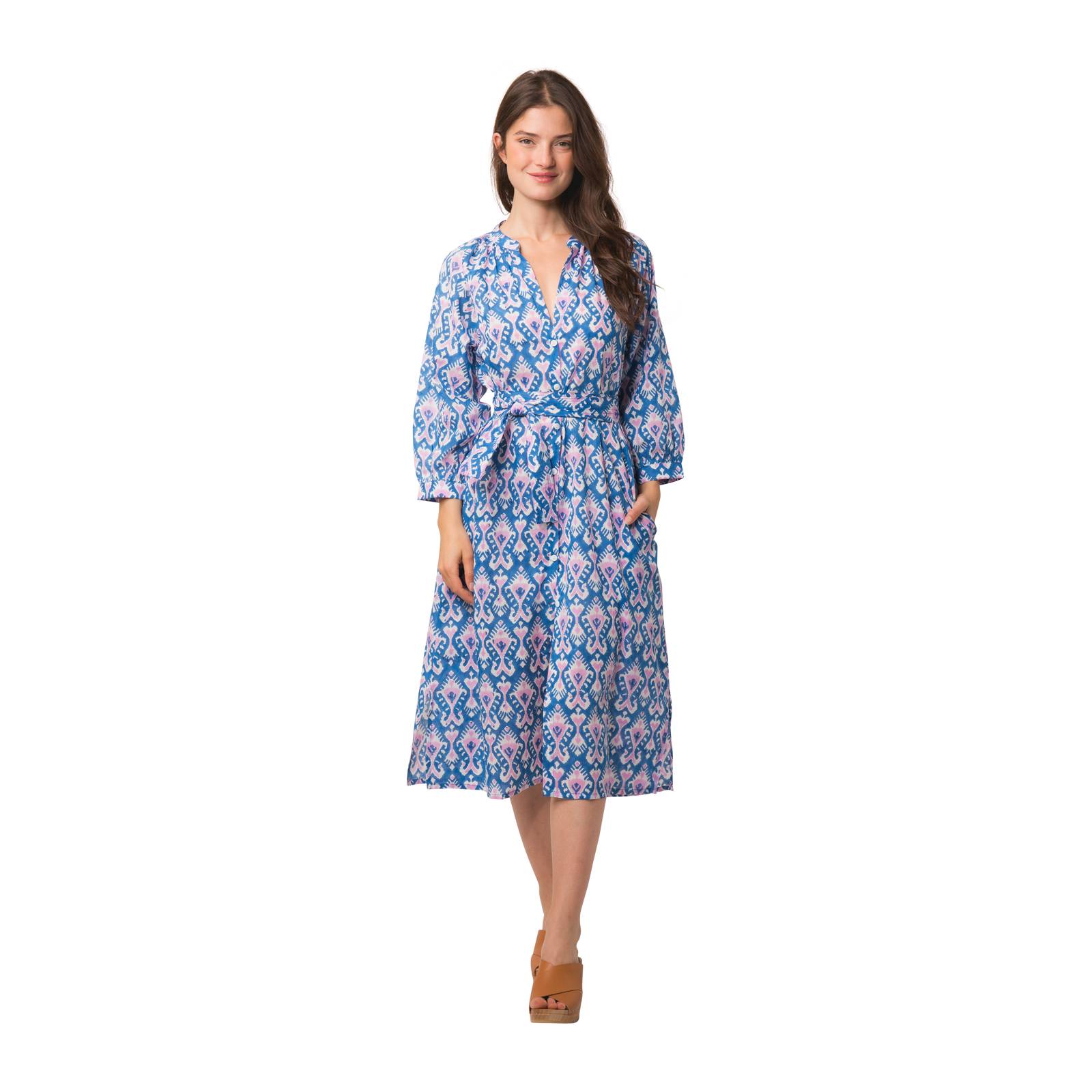 Robes Robe Marcelle Ikat 100% Coton bio Ethnique VR4104 BLUE