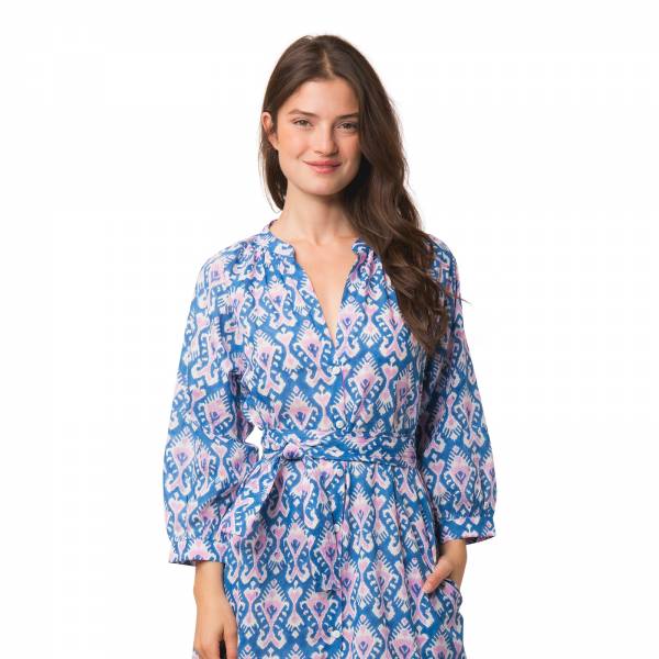 Robes Marcelle Dress Ikat 100% Organic Coton Ethnique VR4104 BLUE