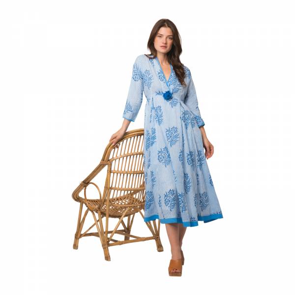 Robes Raj Pompom Dress Cruise L/s 100% Organic Cotton Ethnique VR4700 BLUE