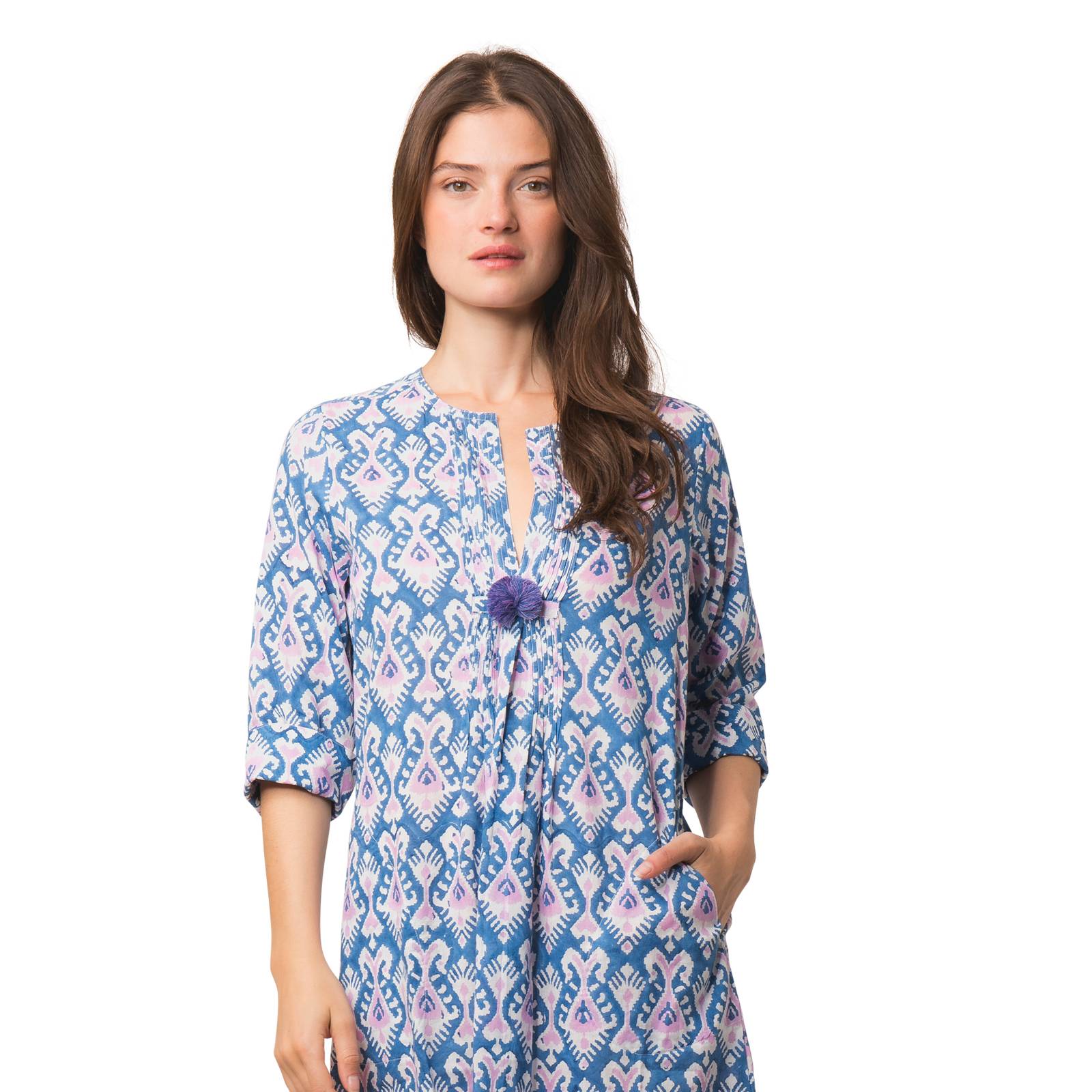 Robes Robe Louisa Ikat 100% Coton bio Ethnique VR4718 BLUE